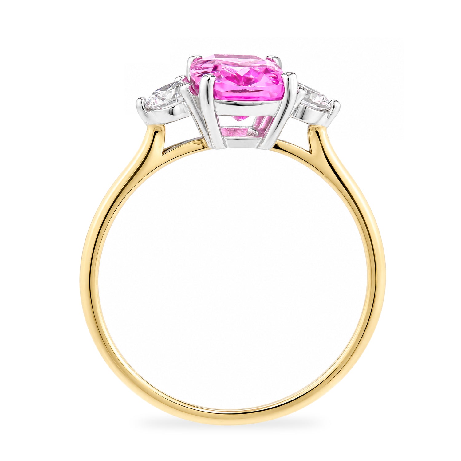 9ct Yellow Gold Lab Pink Sapphire and Diamond Trilogy Engagement Ring