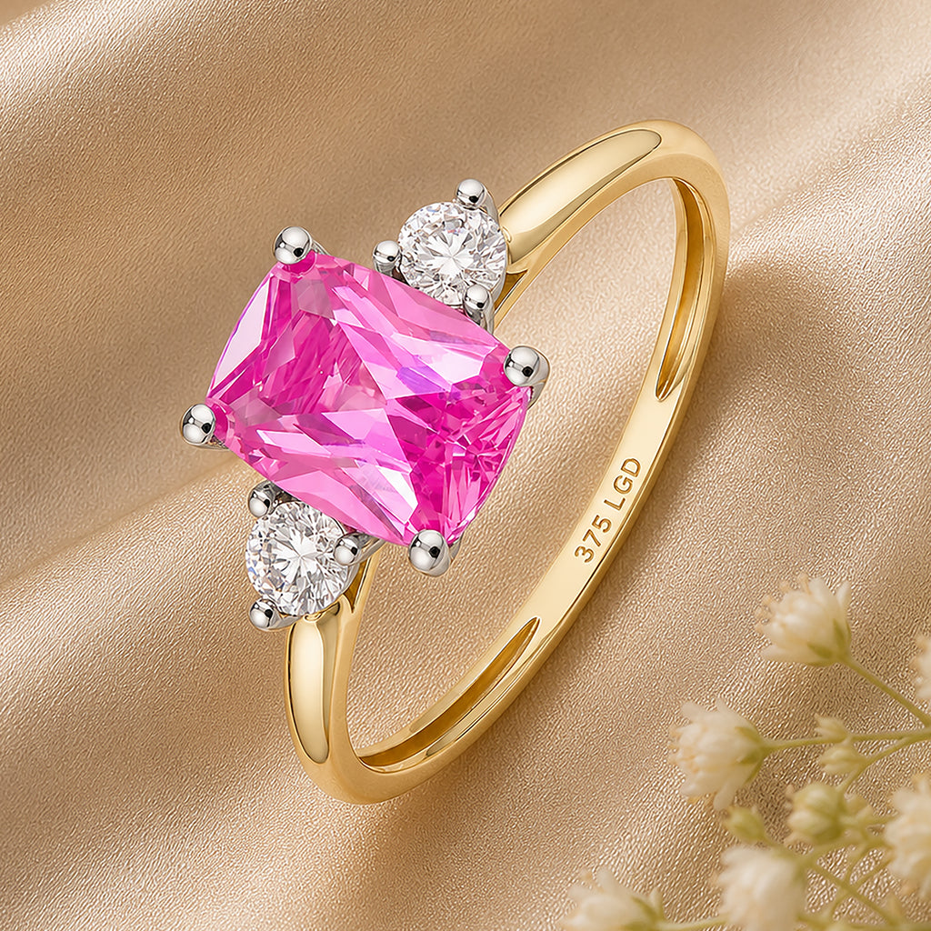 9ct Yellow Gold Lab Pink Sapphire and Diamond Trilogy Engagement Ring