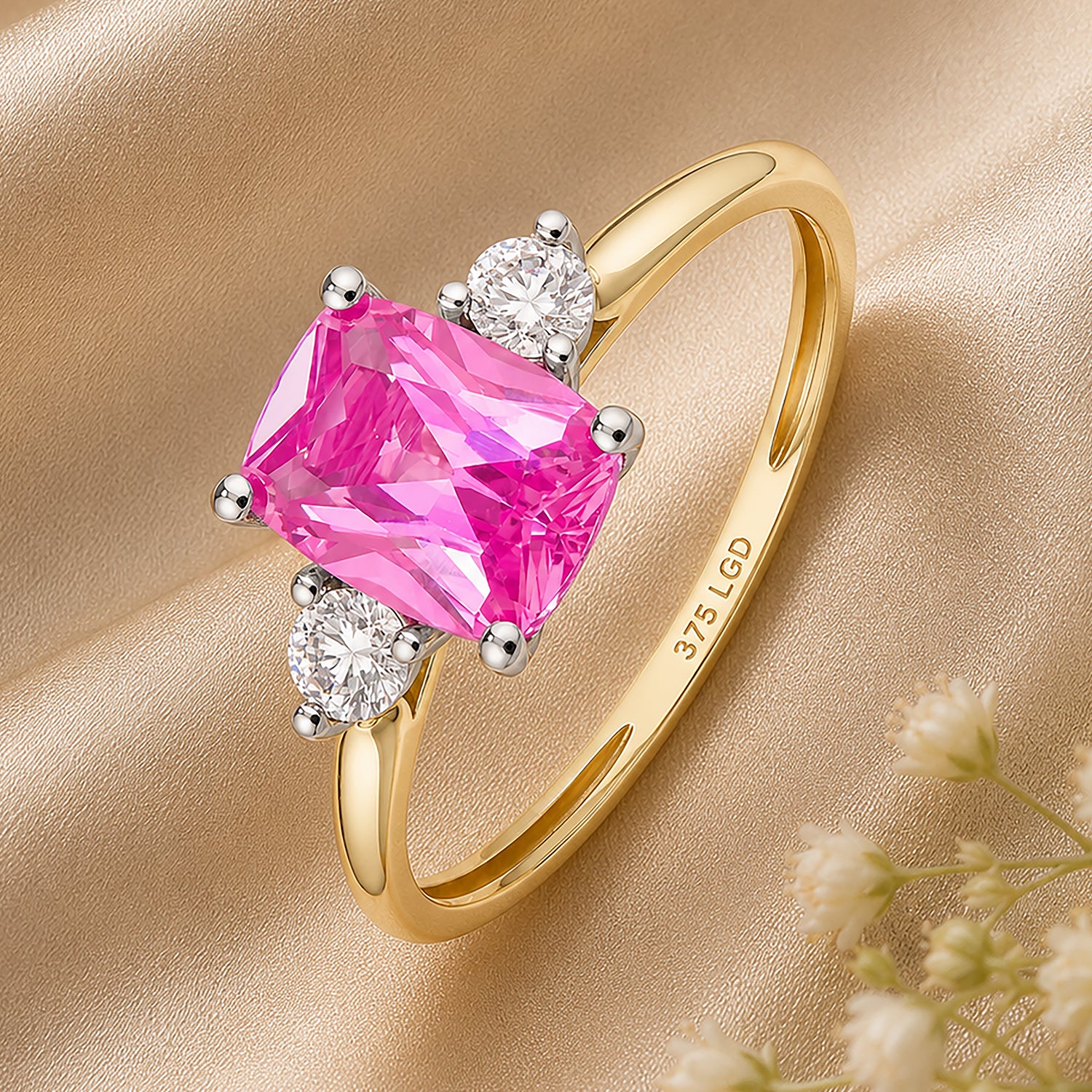 9ct Yellow Gold Lab Pink Sapphire and Diamond Trilogy Engagement Ring
