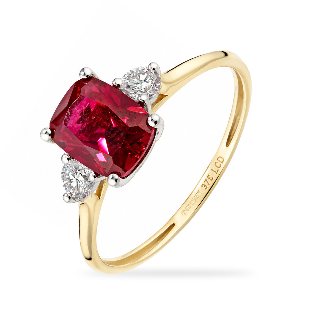 9ct Yellow Gold Lab Ruby and Diamond Trilogy Engagement Ring