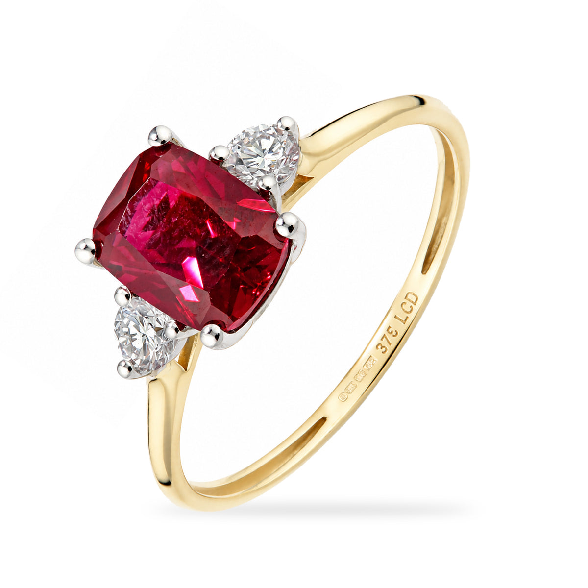 9ct Yellow Gold Lab Ruby and Diamond Trilogy Engagement Ring