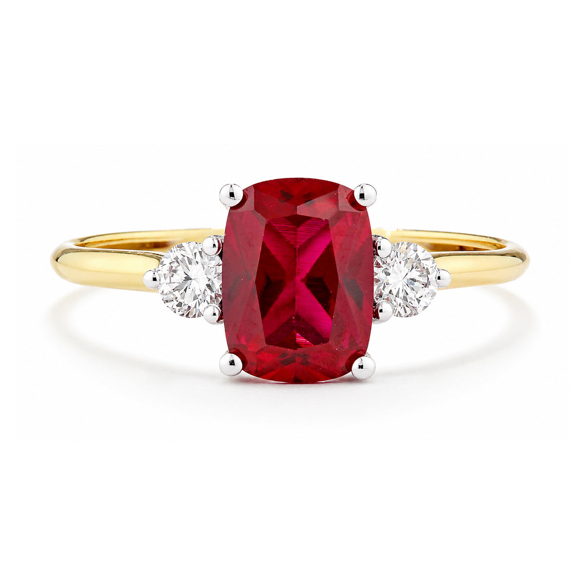 9ct Yellow Gold Lab Ruby and Diamond Trilogy Engagement Ring