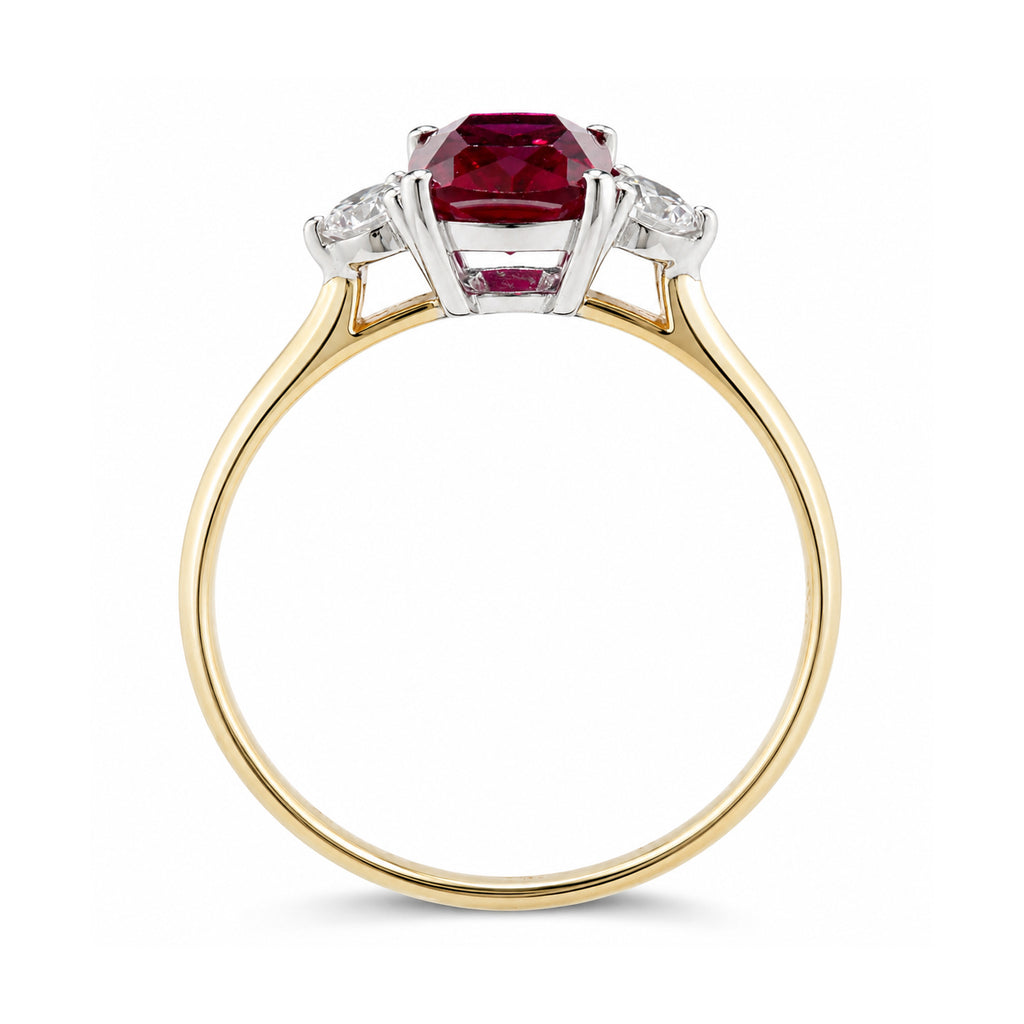 9ct Yellow Gold Lab Ruby and Diamond Trilogy Engagement Ring