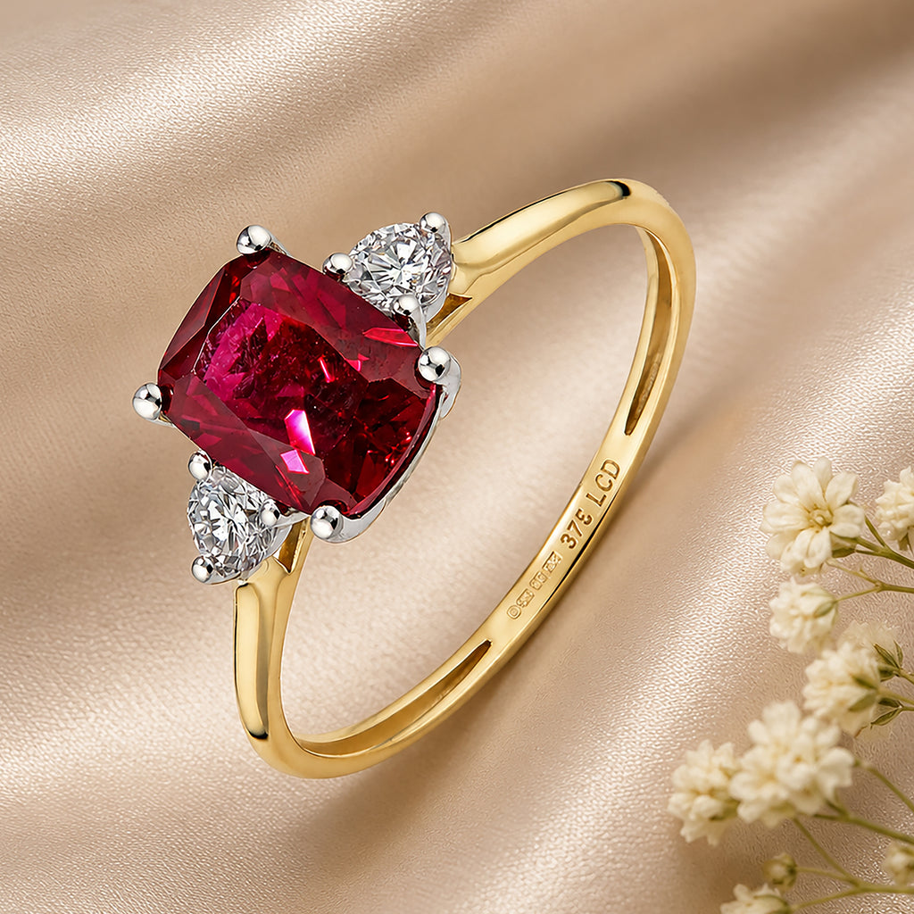 9ct Yellow Gold Lab Ruby and Diamond Trilogy Engagement Ring