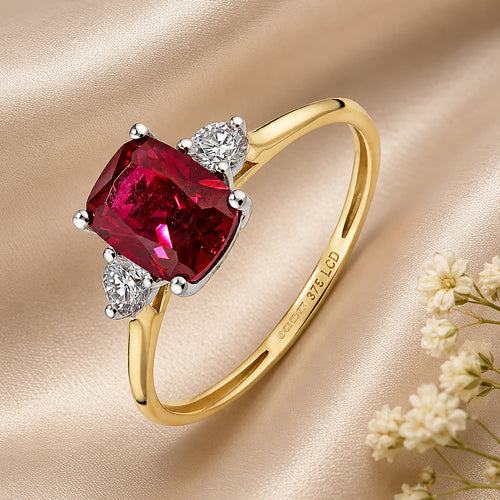 9ct Yellow Gold Lab Ruby and Diamond Trilogy Engagement Ring