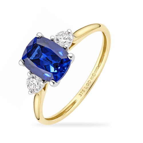 9ct Yellow Gold Lab Sapphire and Diamond Trilogy Engagement Ring