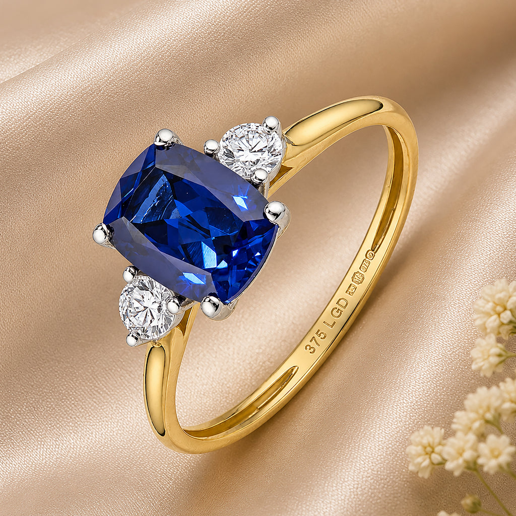 9ct Yellow Gold Lab Sapphire and Diamond Trilogy Engagement Ring