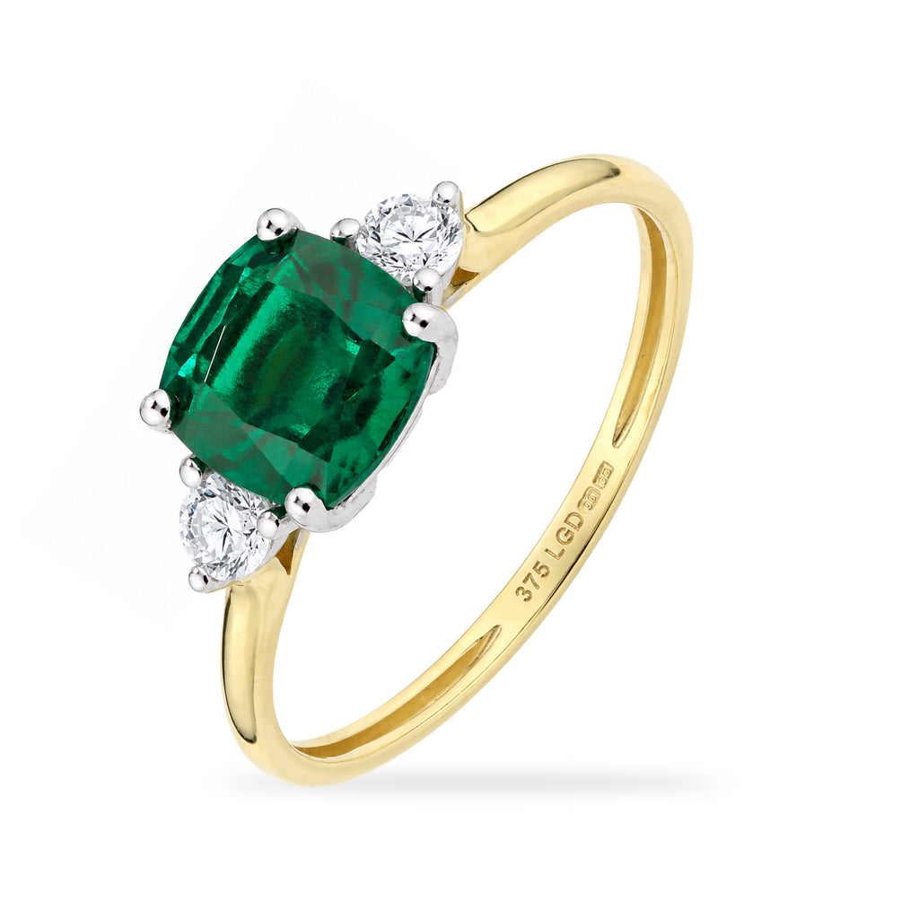 9ct Yellow Gold Lab Cushion Emerald and Diamond Trilogy Engagement Ring