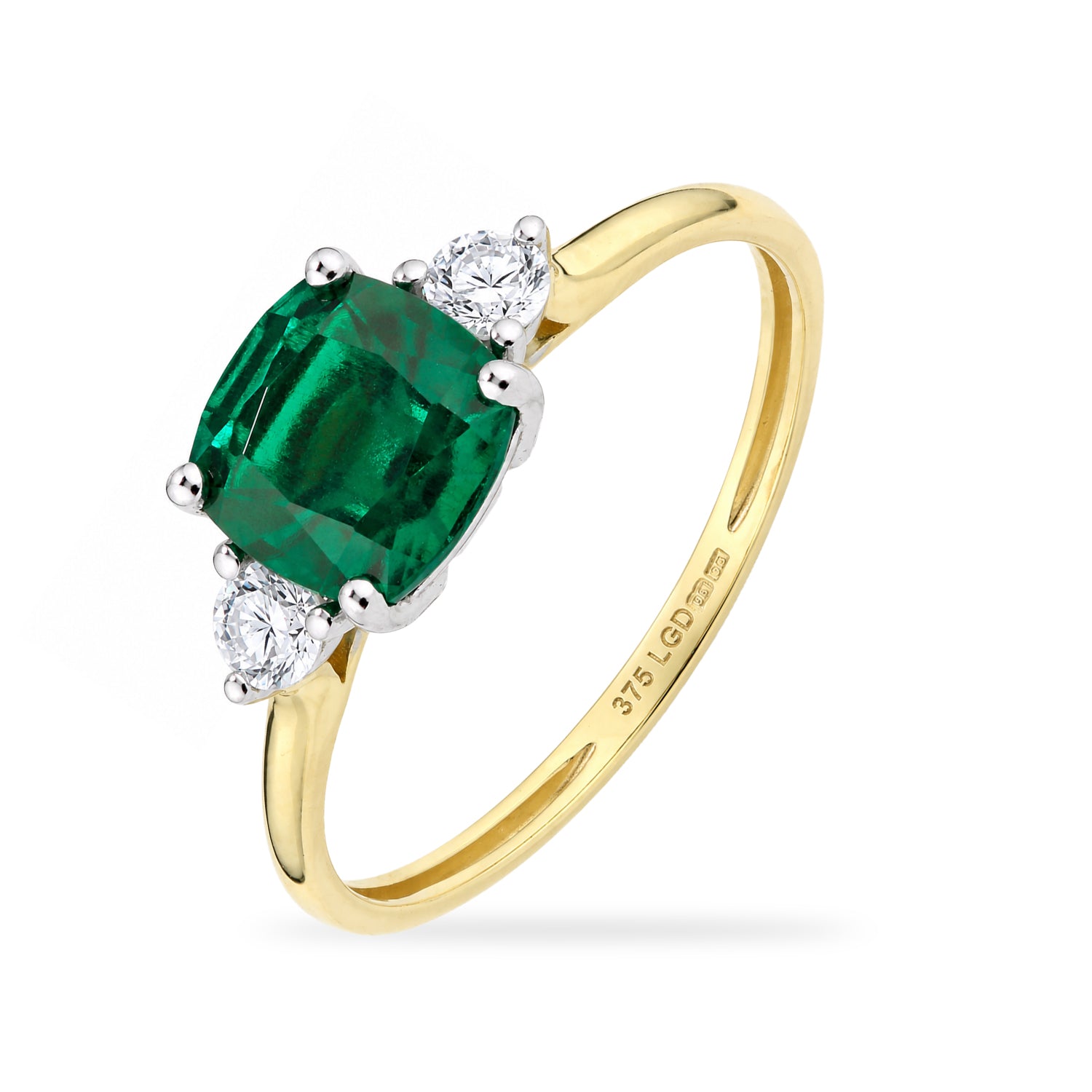 9ct Yellow Gold Lab Cushion Emerald and Diamond Trilogy Engagement Ring