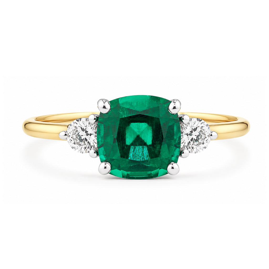 9ct Yellow Gold Lab Cushion Emerald and Diamond Trilogy Engagement Ring