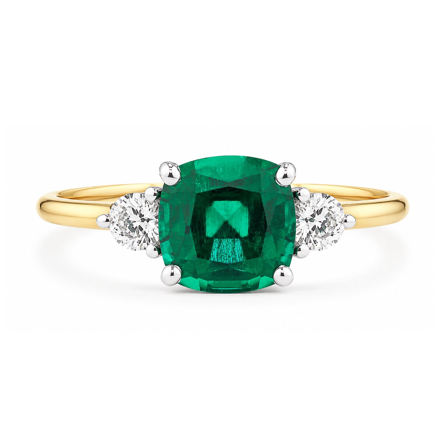 9ct Yellow Gold Lab Cushion Emerald and Diamond Trilogy Engagement Ring