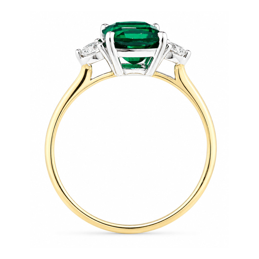 9ct Yellow Gold Lab Cushion Emerald and Diamond Trilogy Engagement Ring