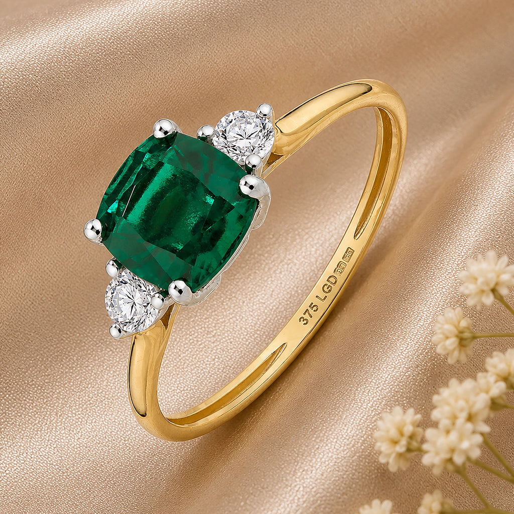 9ct Yellow Gold Lab Cushion Emerald and Diamond Trilogy Engagement Ring