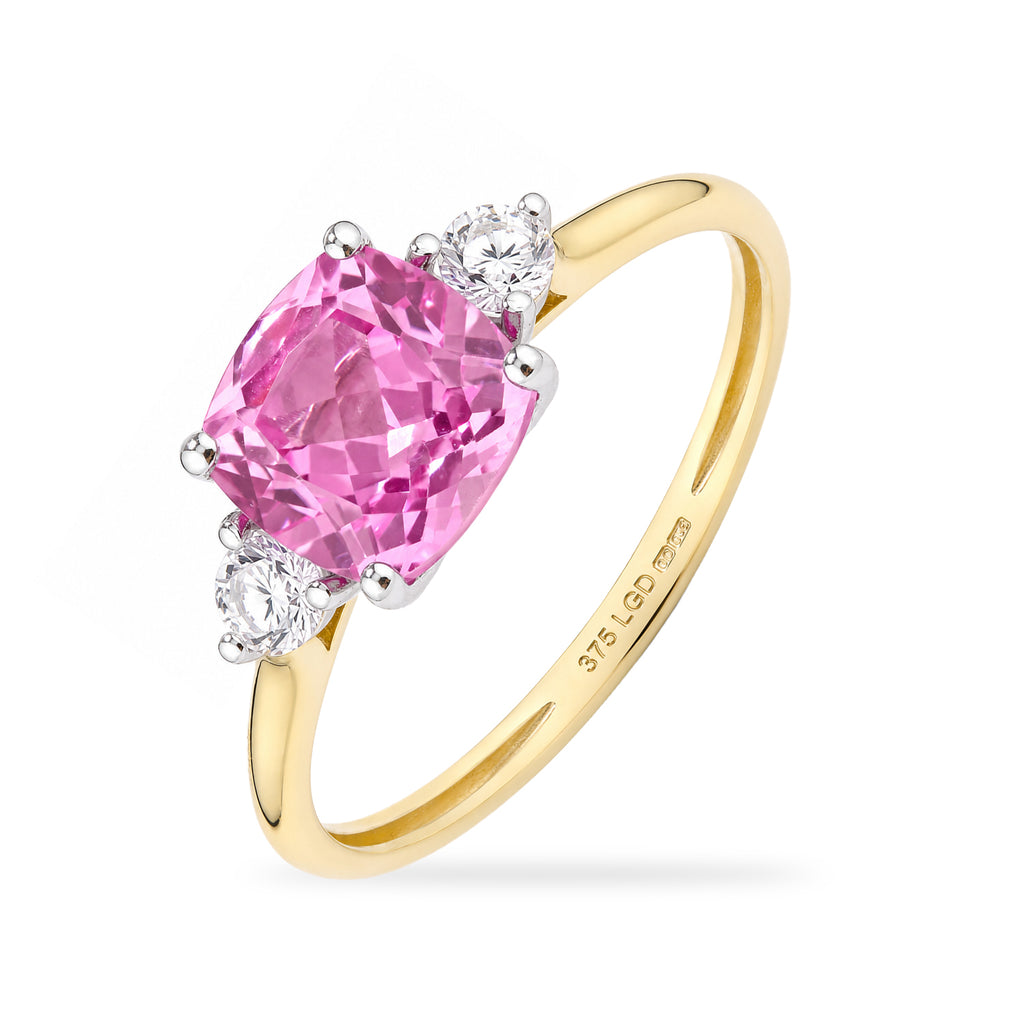 9ct Yellow Gold Lab Cushion Pink Sapphire and Diamond Trilogy Engagement Ring