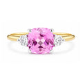 9ct Yellow Gold Lab Cushion Pink Sapphire and Diamond Trilogy Engagement Ring