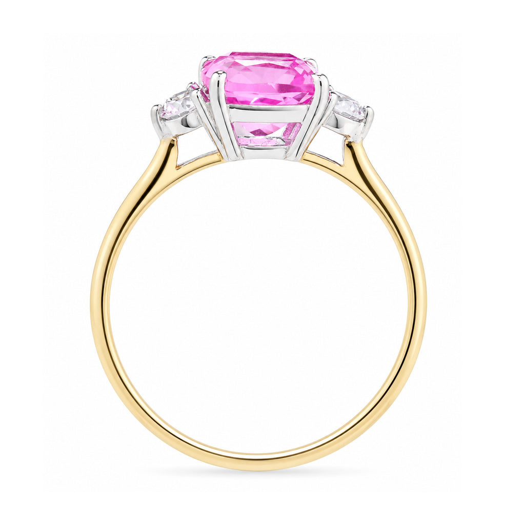 9ct Yellow Gold Lab Cushion Pink Sapphire and Diamond Trilogy Engagement Ring