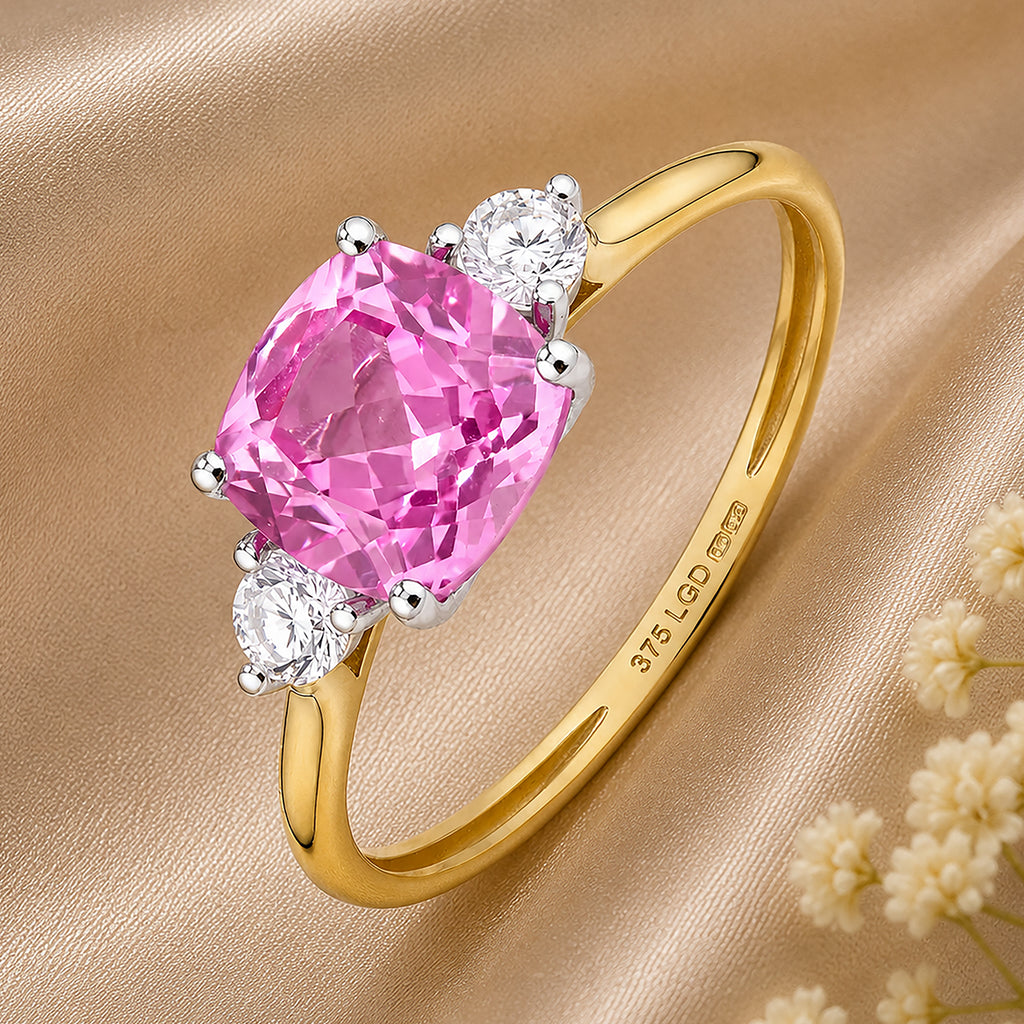 9ct Yellow Gold Lab Cushion Pink Sapphire and Diamond Trilogy Engagement Ring