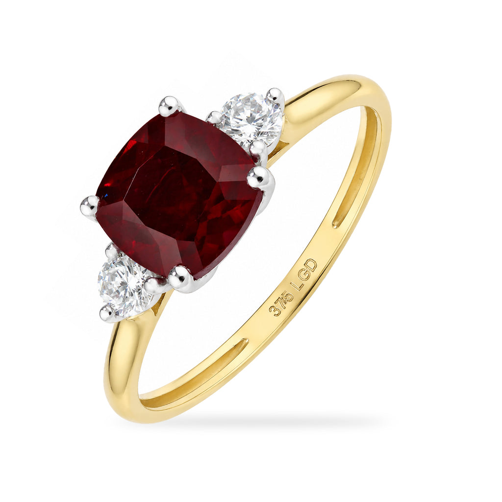 9ct Yellow Gold Lab Cushion Ruby and Diamond Trilogy Engagement Ring