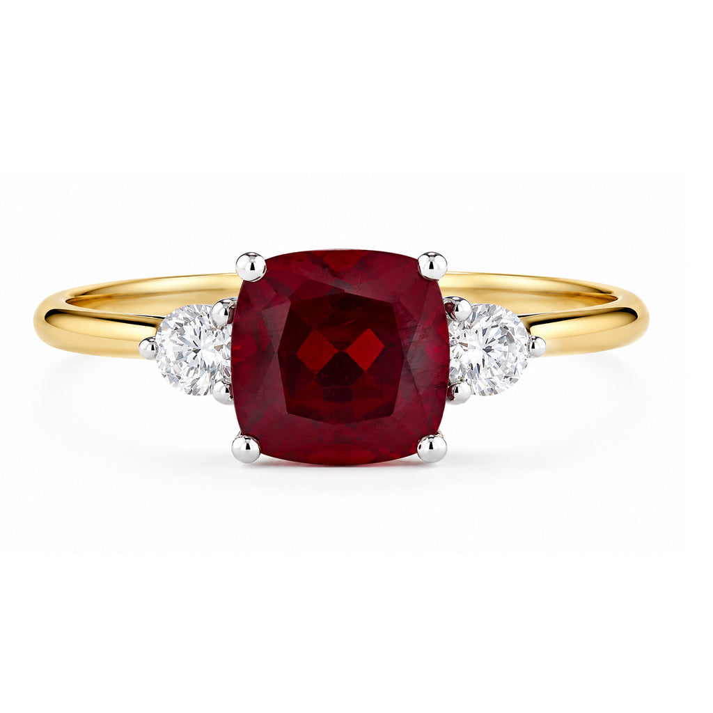 9ct Yellow Gold Lab Cushion Ruby and Diamond Trilogy Engagement Ring