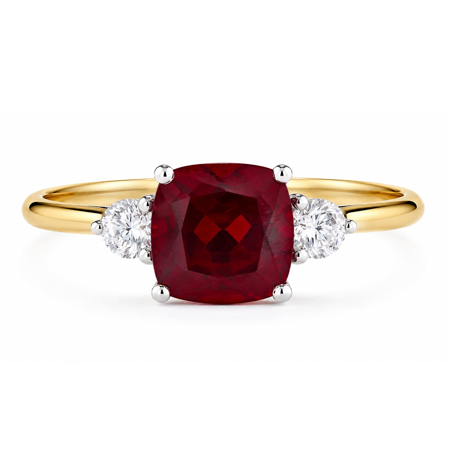 9ct Yellow Gold Lab Cushion Ruby and Diamond Trilogy Engagement Ring