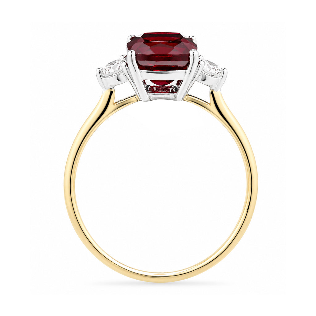 9ct Yellow Gold Lab Cushion Ruby and Diamond Trilogy Engagement Ring