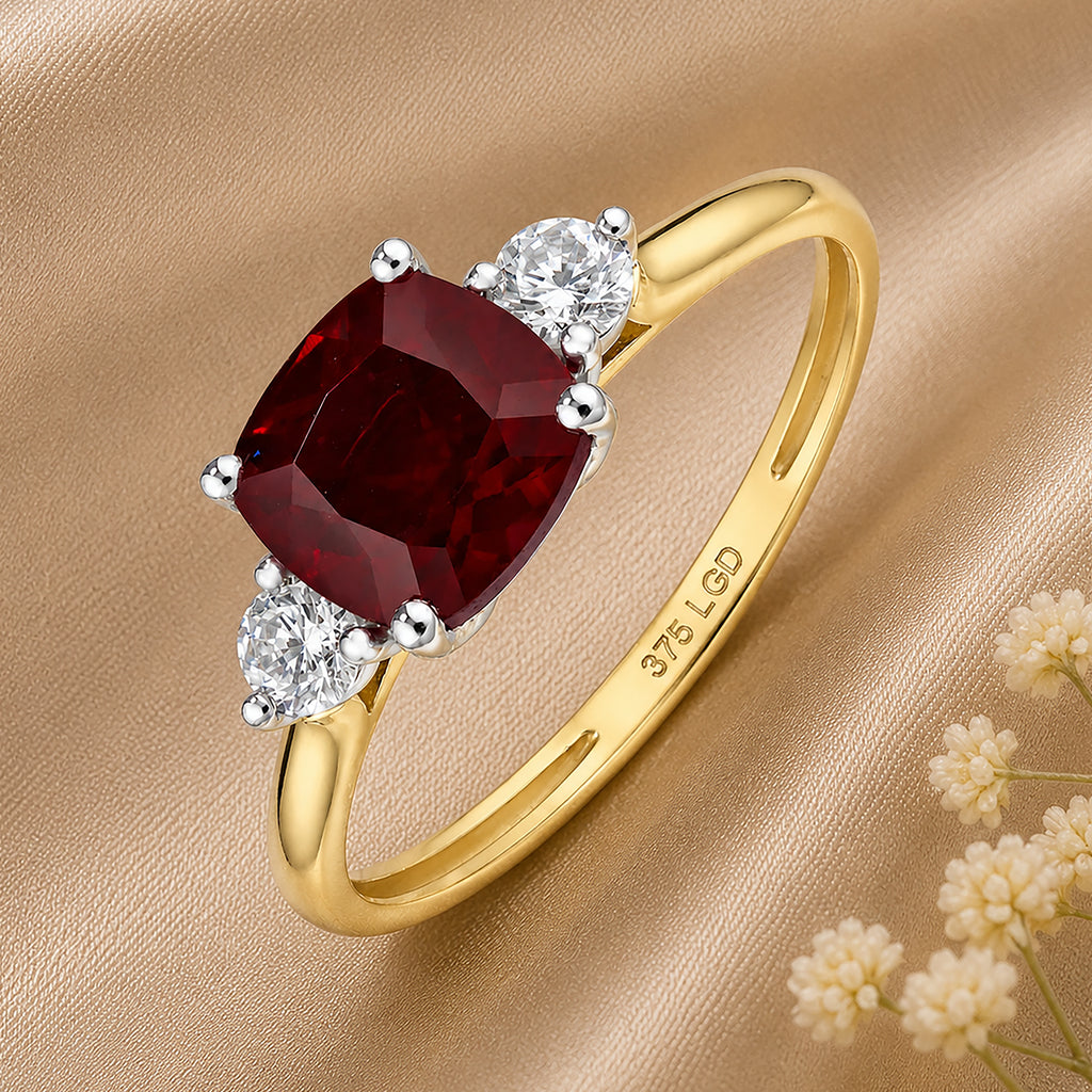 9ct Yellow Gold Lab Cushion Ruby and Diamond Trilogy Engagement Ring