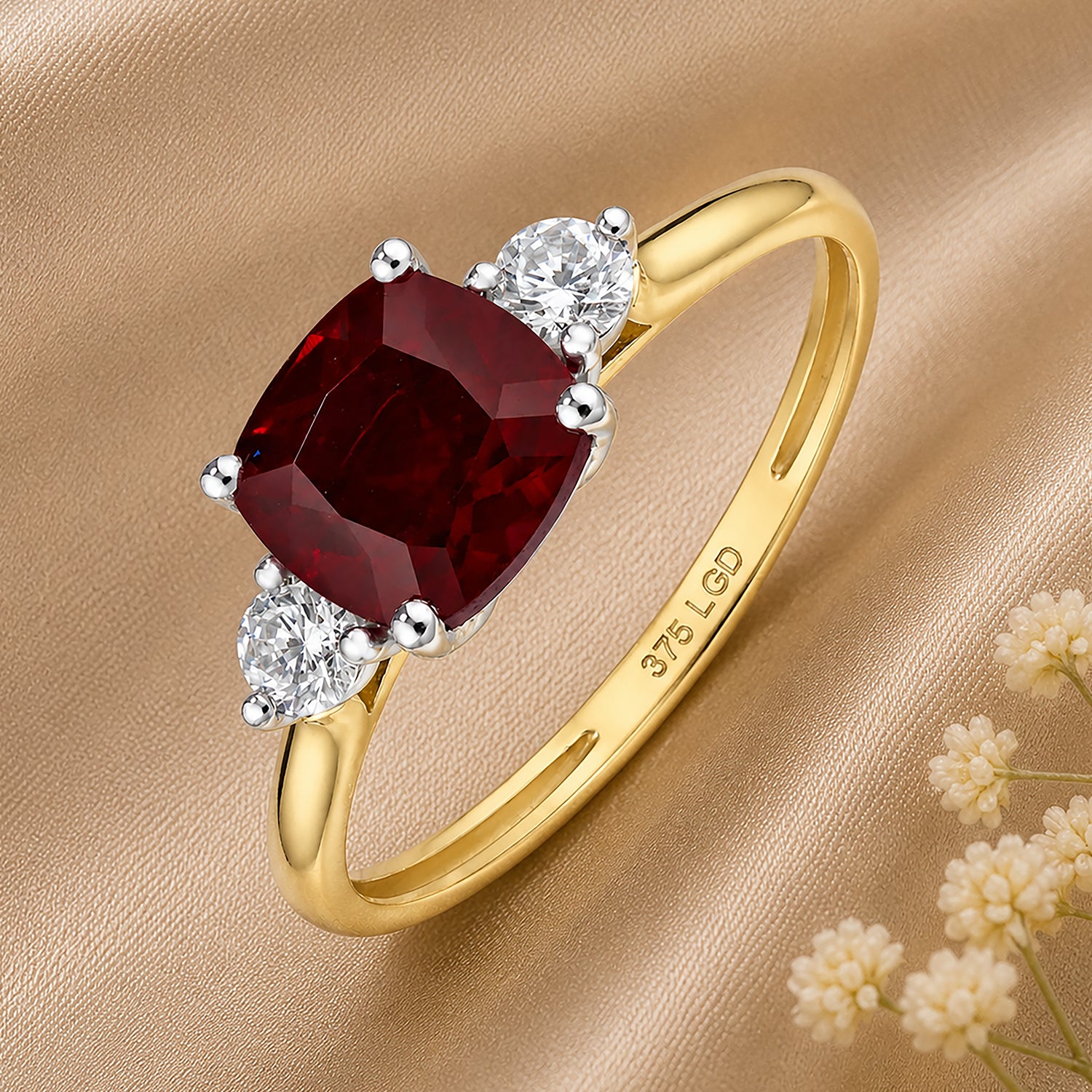 9ct Yellow Gold Lab Cushion Ruby and Diamond Trilogy Engagement Ring