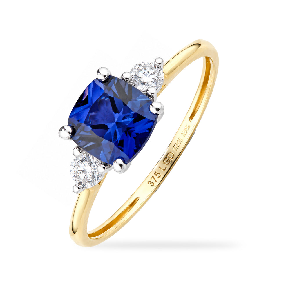 9ct Yellow Gold Lab Cushion Sapphire and Diamond Trilogy Engagement Ring