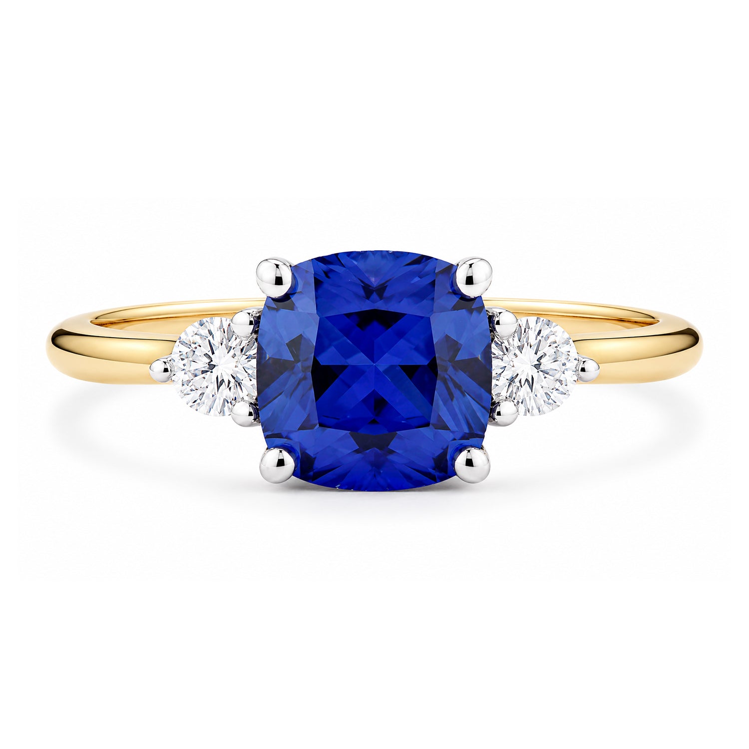 9ct Yellow Gold Lab Cushion Sapphire and Diamond Trilogy Engagement Ring