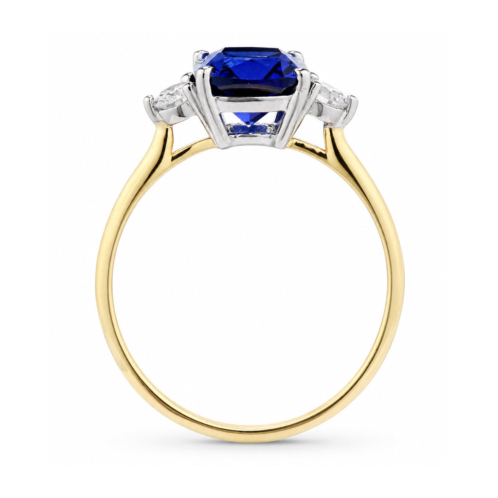 9ct Yellow Gold Lab Cushion Sapphire and Diamond Trilogy Engagement Ring