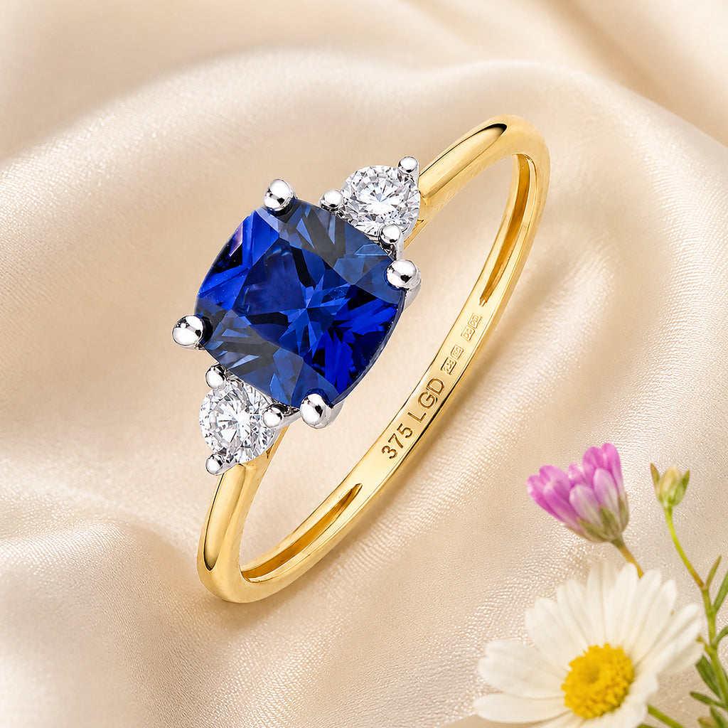 9ct Yellow Gold Lab Cushion Sapphire and Diamond Trilogy Engagement Ring
