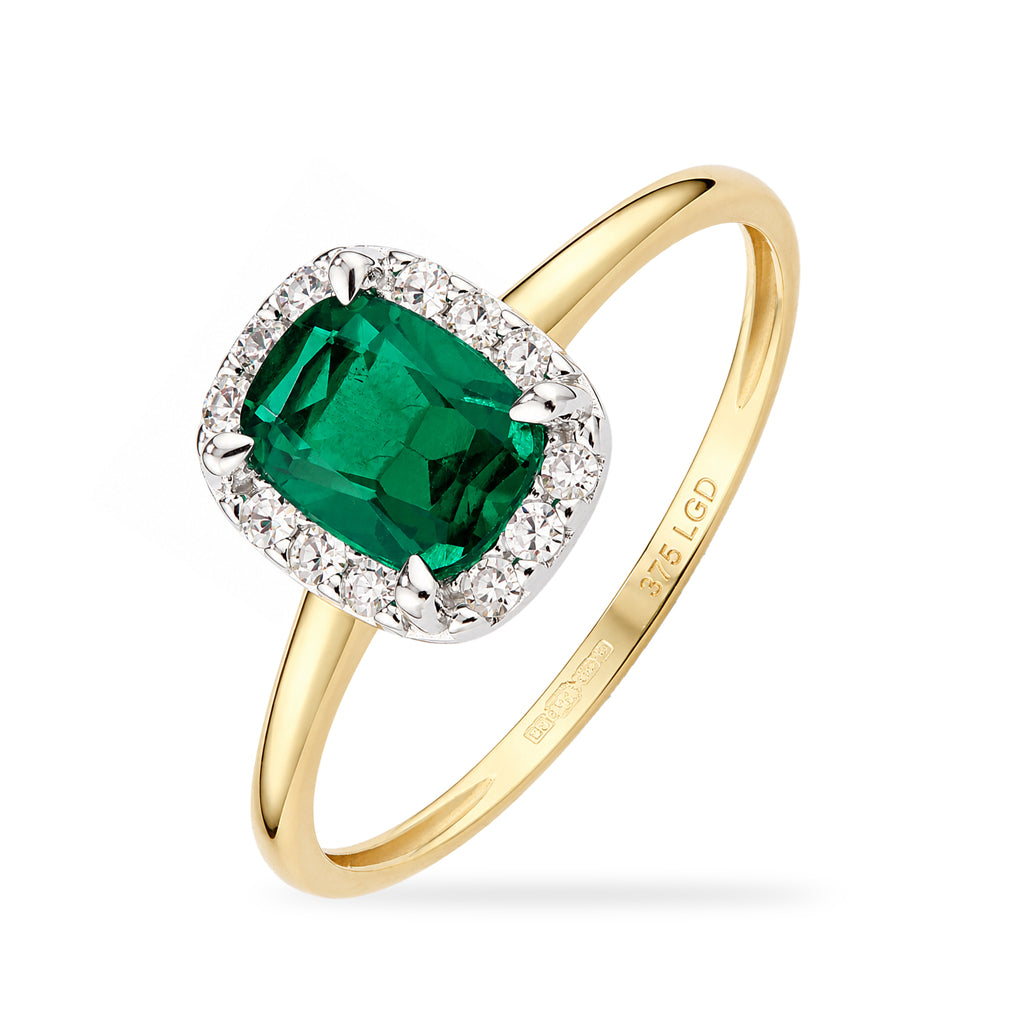 9ct Yellow Gold Lab Emerald and Diamond Halo Ring