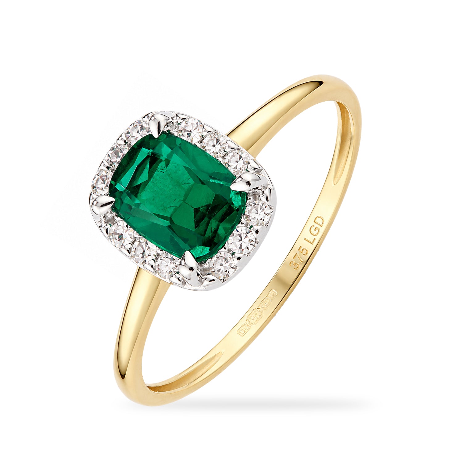 9ct Yellow Gold Lab Emerald and Diamond Halo Ring