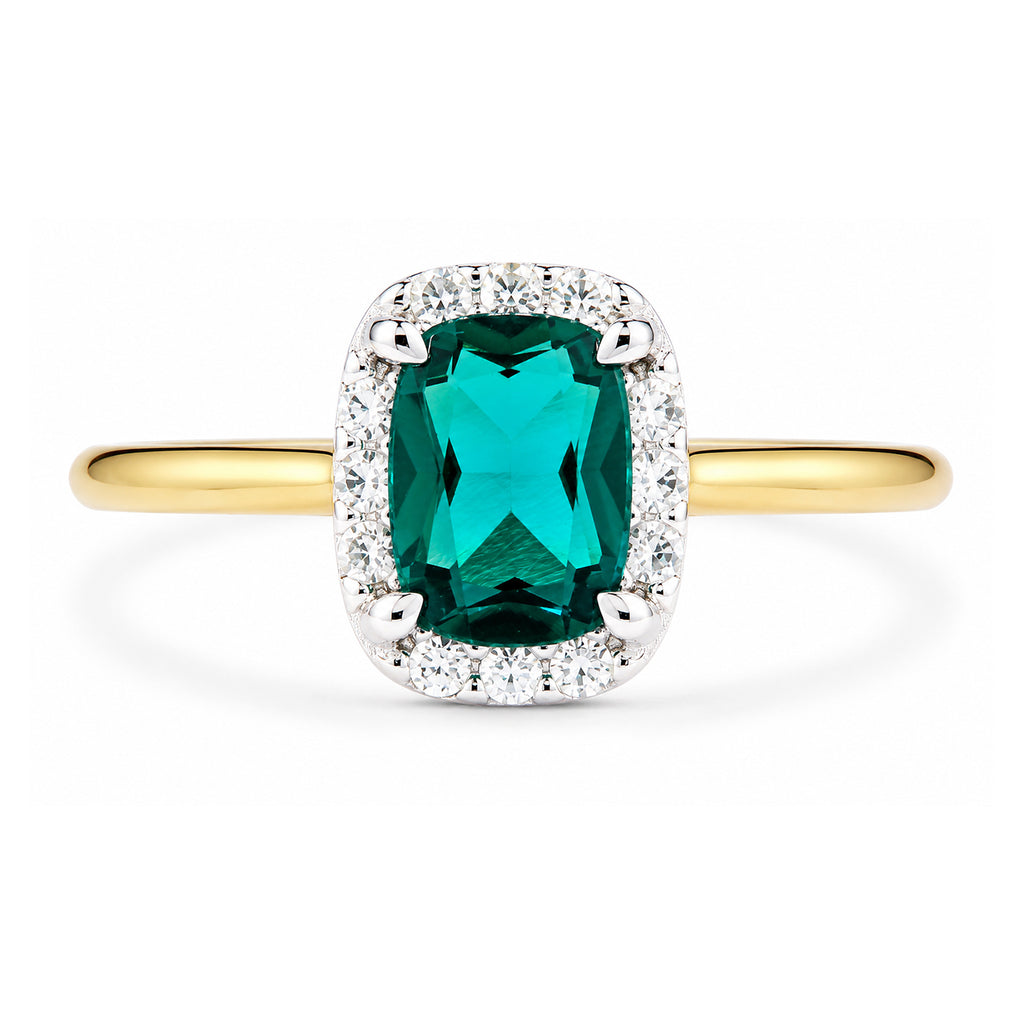 9ct Yellow Gold Lab Emerald and Diamond Halo Ring