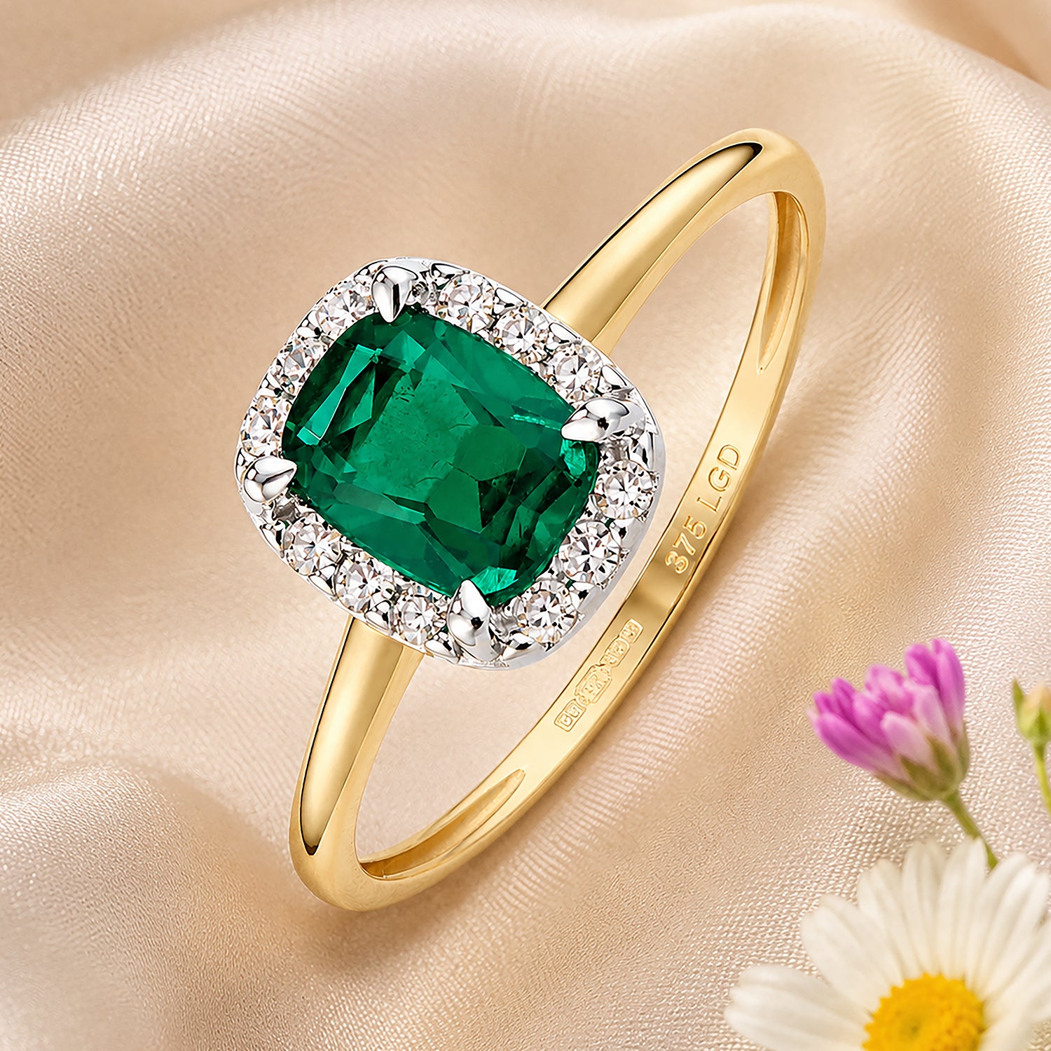 9ct Yellow Gold Lab Emerald and Diamond Halo Ring