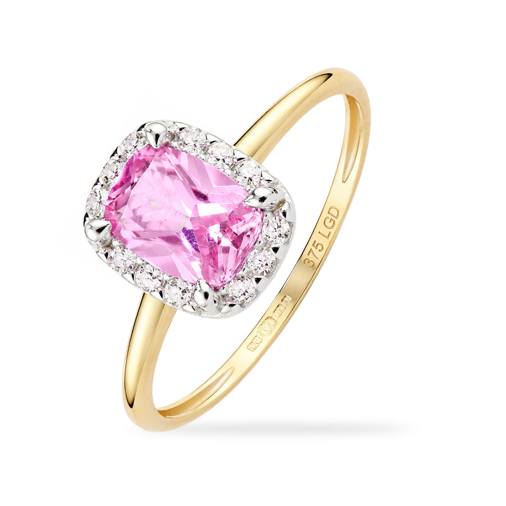 9ct Yellow Gold Lab Pink Sapphire and Diamond Halo Ring
