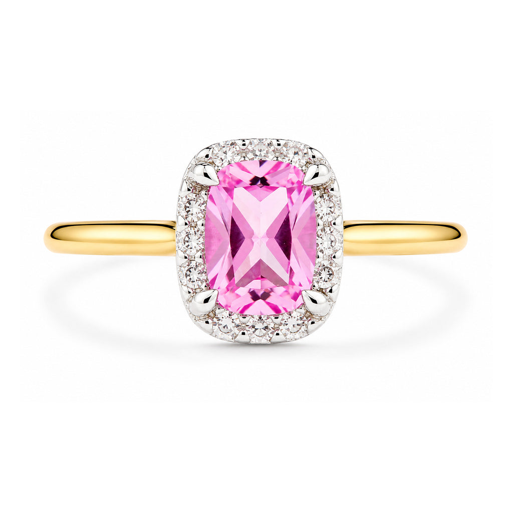 9ct Yellow Gold Lab Pink Sapphire and Diamond Halo Ring