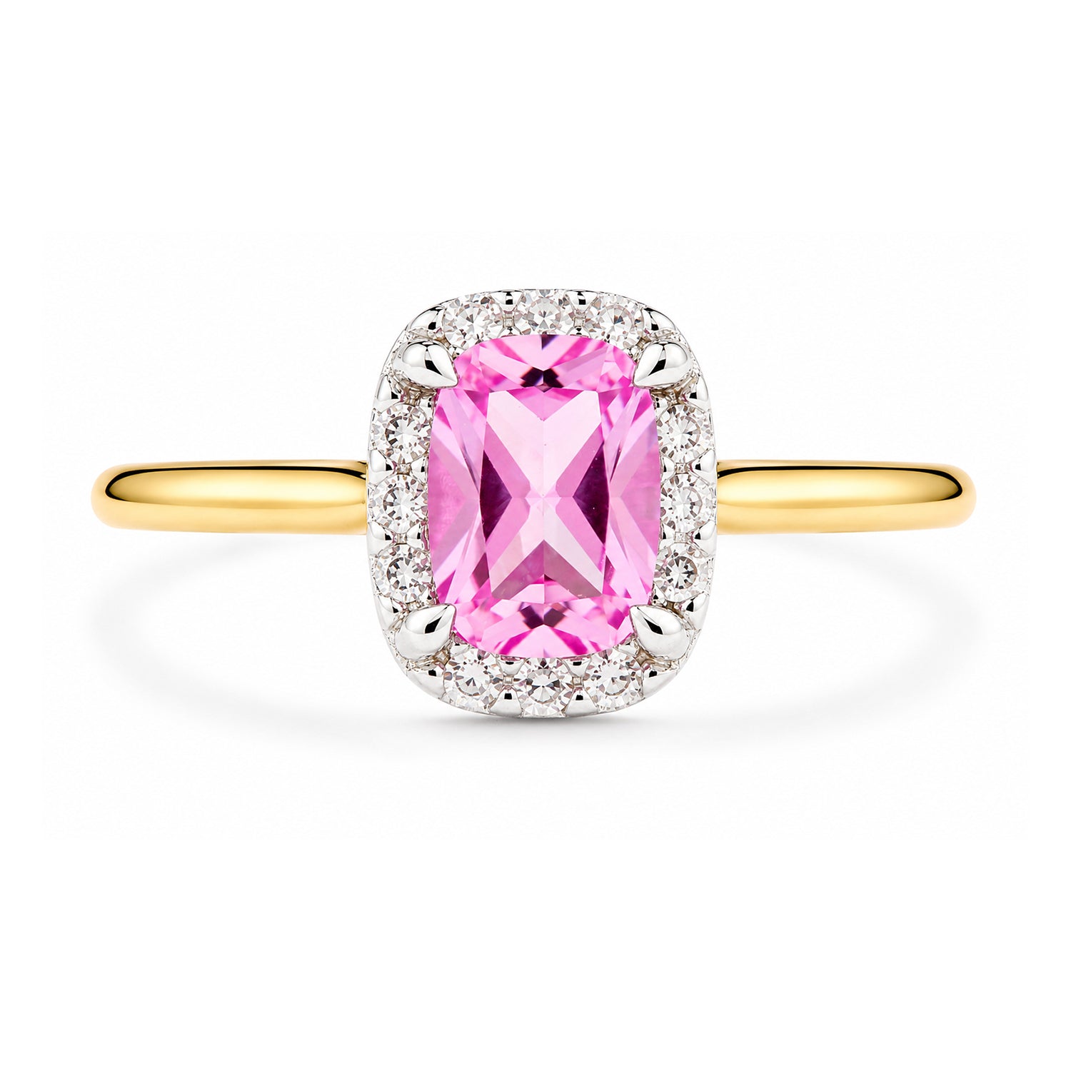9ct Yellow Gold Lab Pink Sapphire and Diamond Halo Ring