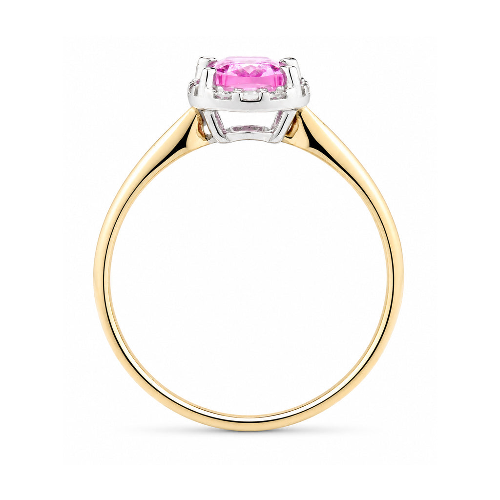 9ct Yellow Gold Lab Pink Sapphire and Diamond Halo Ring