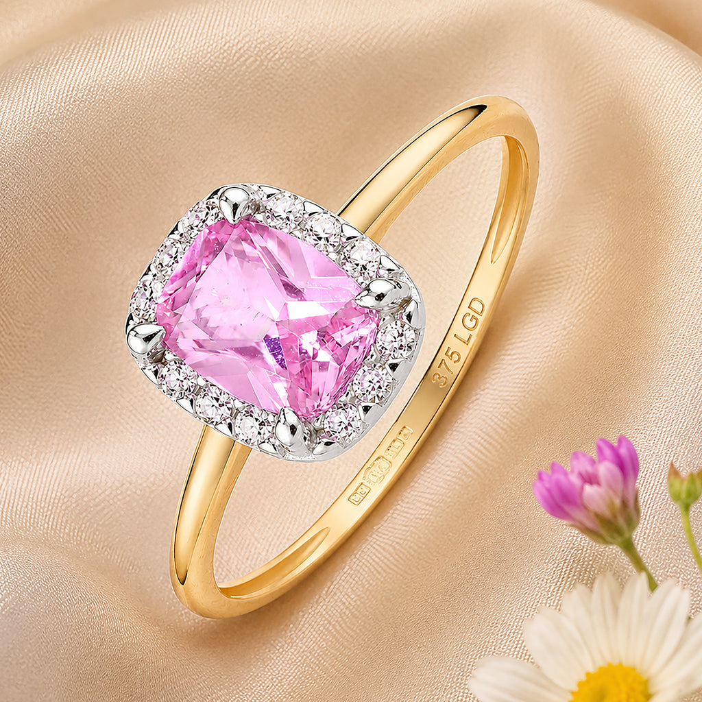 9ct Yellow Gold Lab Pink Sapphire and Diamond Halo Ring