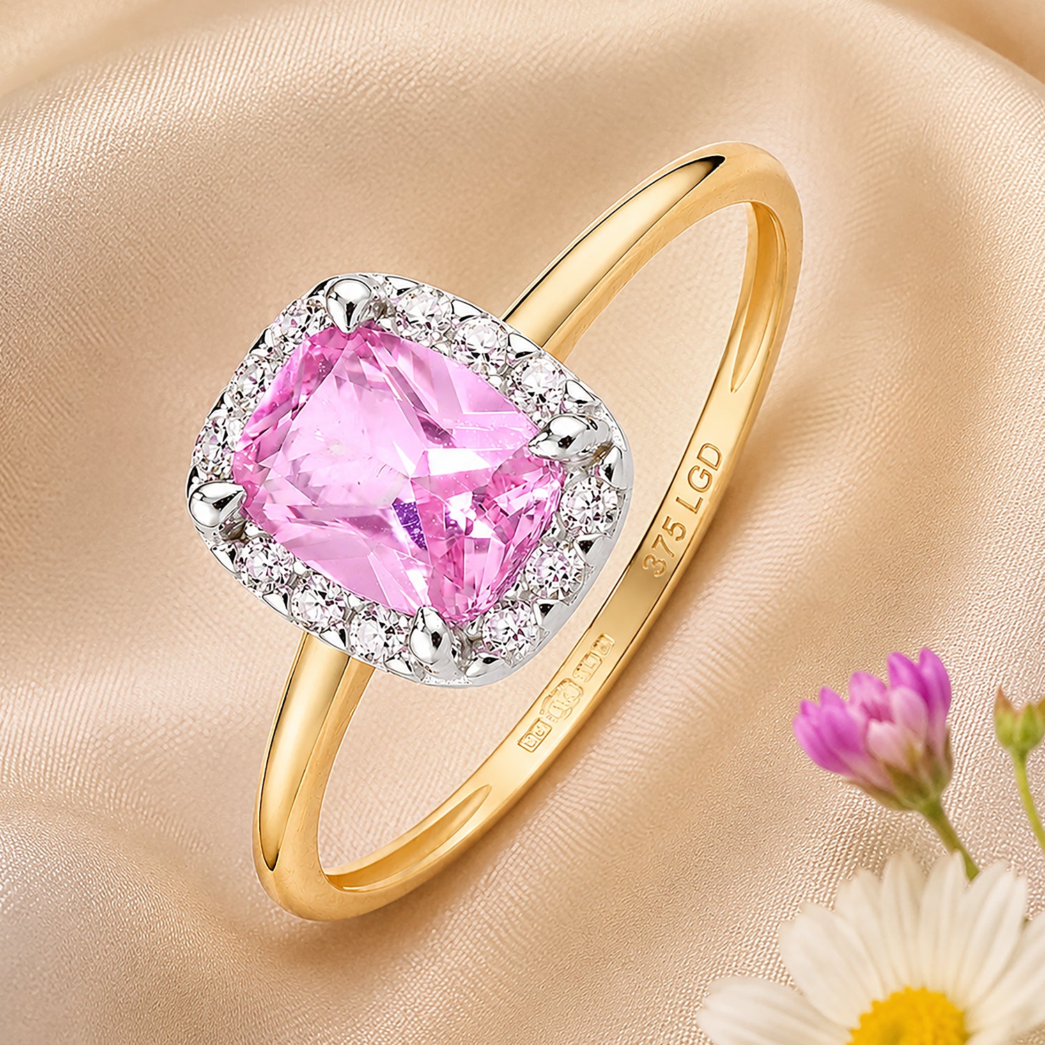 9ct Yellow Gold Lab Pink Sapphire and Diamond Halo Ring