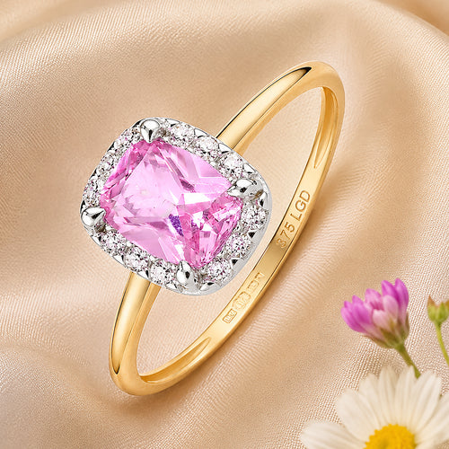 9ct Yellow Gold Lab Pink Sapphire and Diamond Halo Ring
