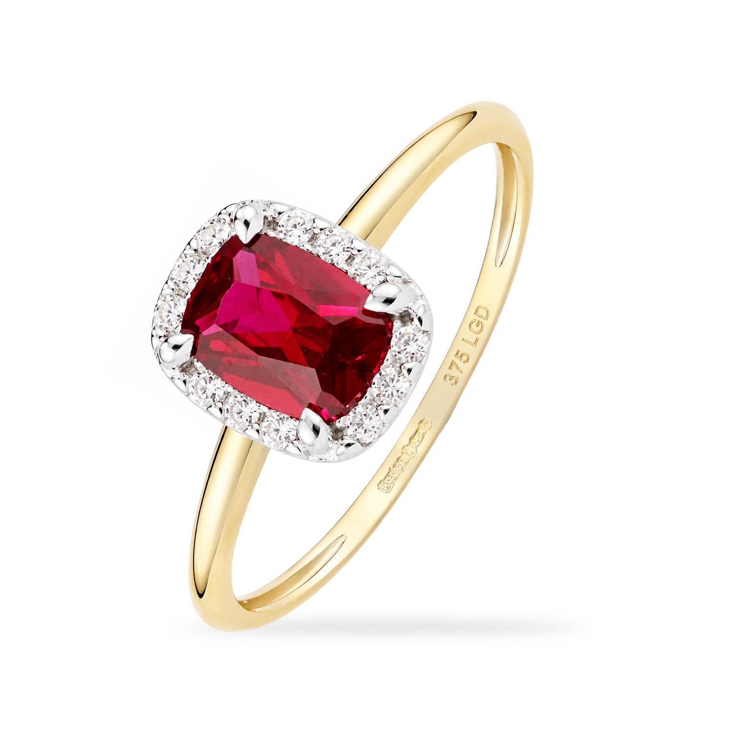 9ct Yellow Gold Lab Ruby and Diamond Halo Ring