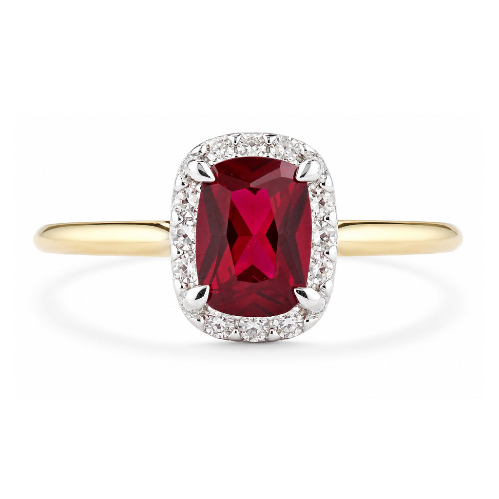 9ct Yellow Gold Lab Ruby and Diamond Halo Ring