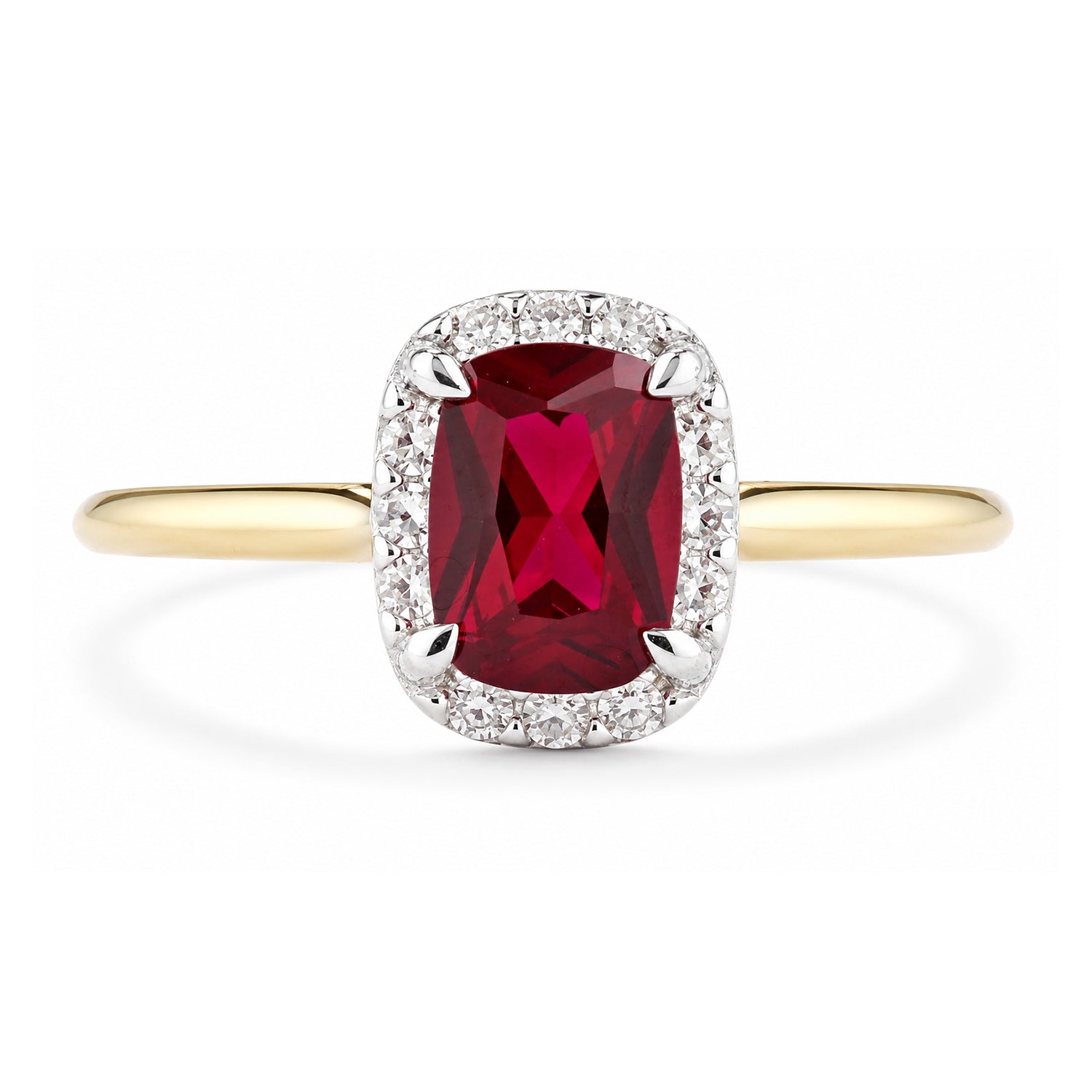 9ct Yellow Gold Lab Ruby and Diamond Halo Ring