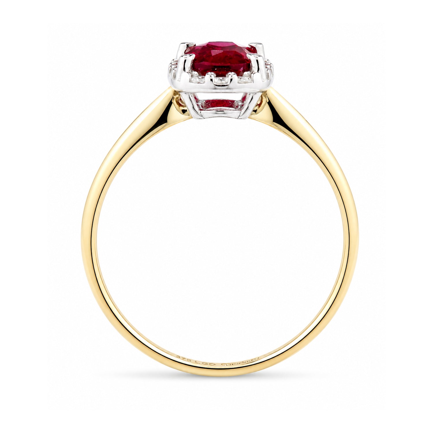 9ct Yellow Gold Lab Ruby and Diamond Halo Ring