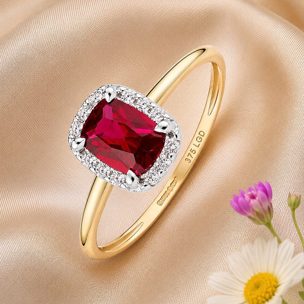9ct Yellow Gold Lab Ruby and Diamond Halo Ring