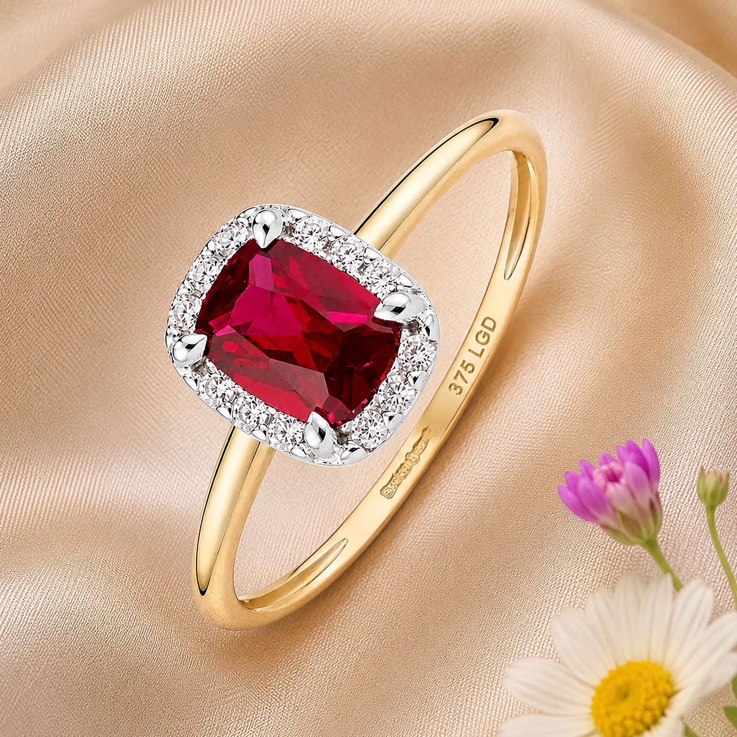9ct Yellow Gold Lab Ruby and Diamond Halo Ring