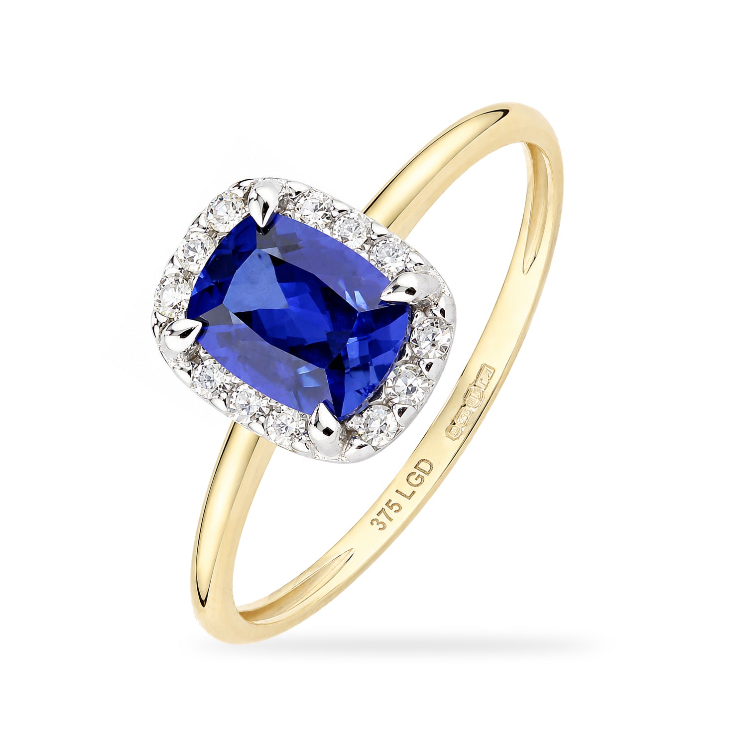 9ct Yellow Gold Lab Sapphire and Diamond Halo Ring
