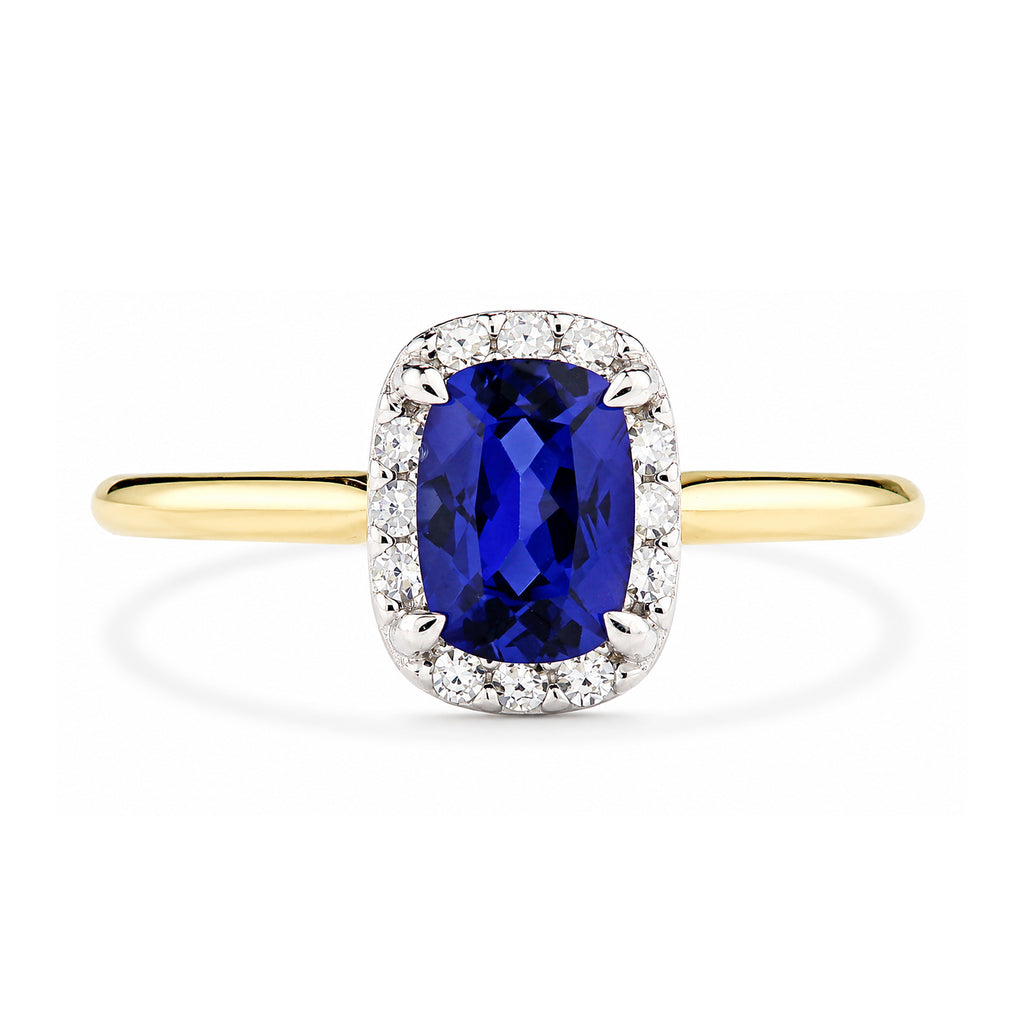 9ct Yellow Gold Lab Sapphire and Diamond Halo Ring